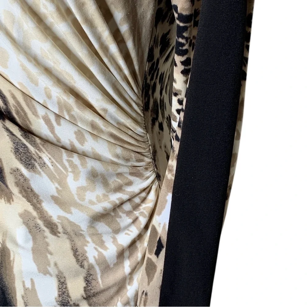 Chico's Animal Print Colorblock Midi Dress S Ruched Stretch Office Casual Travel